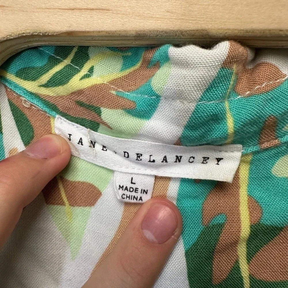 Jane Delancey Womens Tropical Leaf Print Button Front Crop Top Green Tan Large